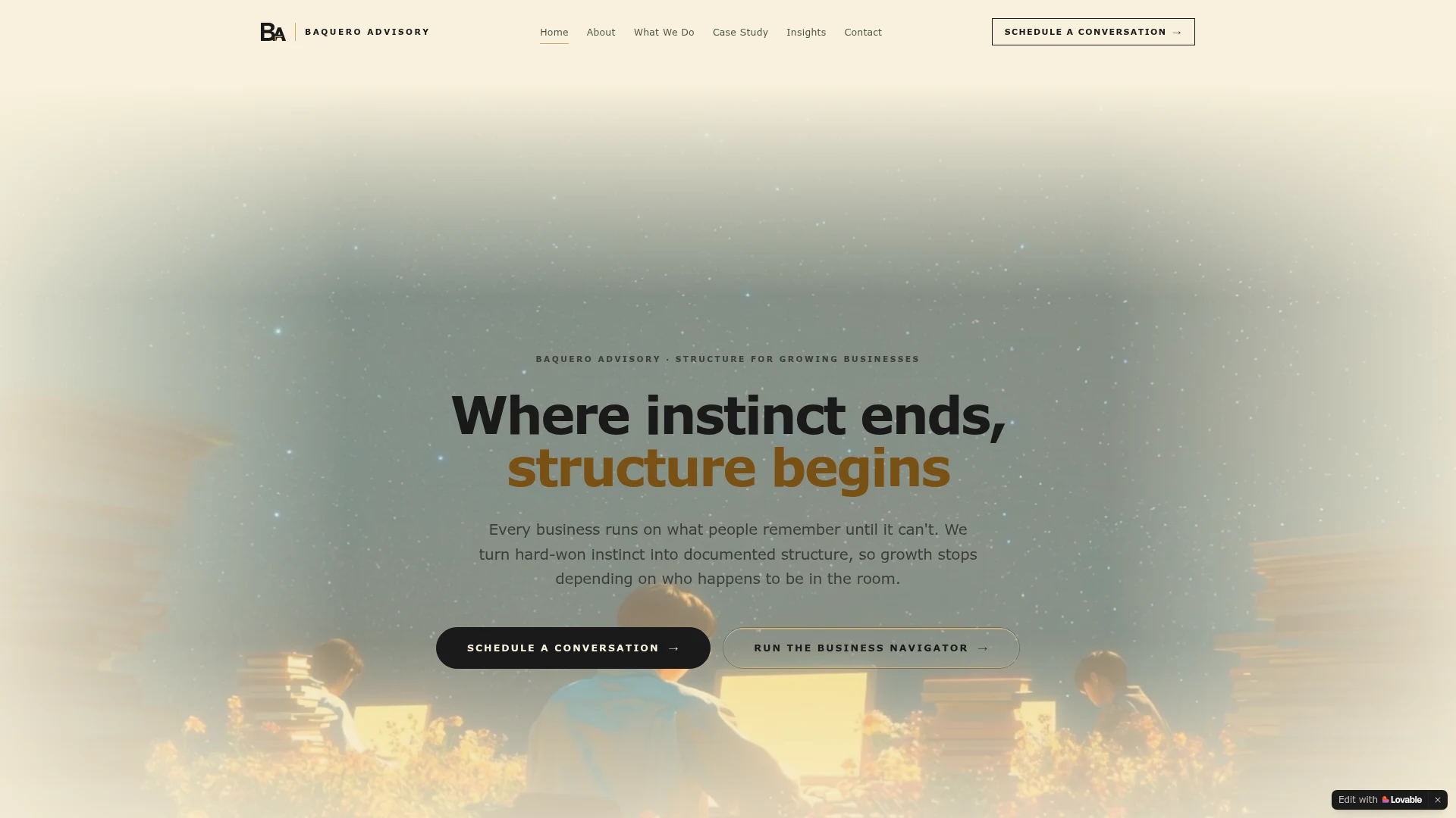 Baquero Advisory website with the headline Where instinct ends, structure begins