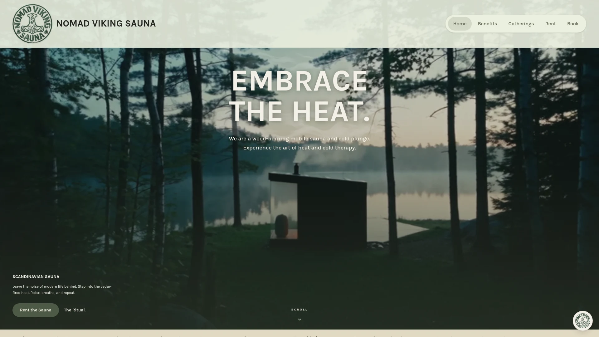 Nomad Viking Sauna website with a lakeside sauna and Embrace the Heat headline