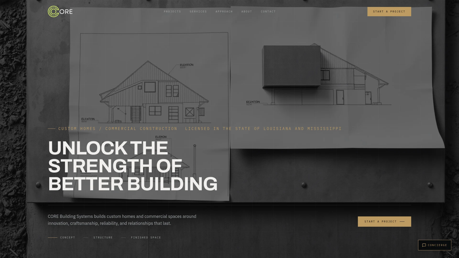 CORE Building Systems website showing architectural plans and the Better Building headline